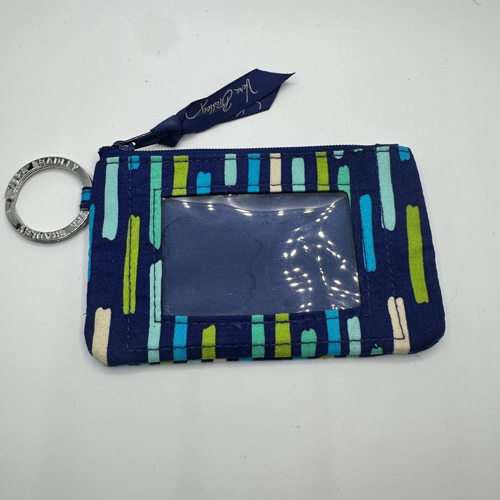 Vera Bradley Zip ID Case Wallet Blue Teal Green Abstract Brushstroke Key Ring